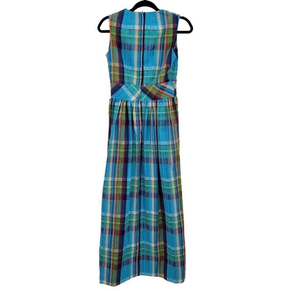 Vtg 70s Cottage Dopamine Rainbow Plaid Tie Waist Maxi Dress Sz M Textured Cotton - Picture 8 of 11